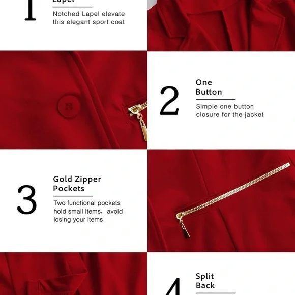 Genhoo Women's Red Long Sleeve Blazer Open Front Cardigan Jacket Work - Picture 5 of 10